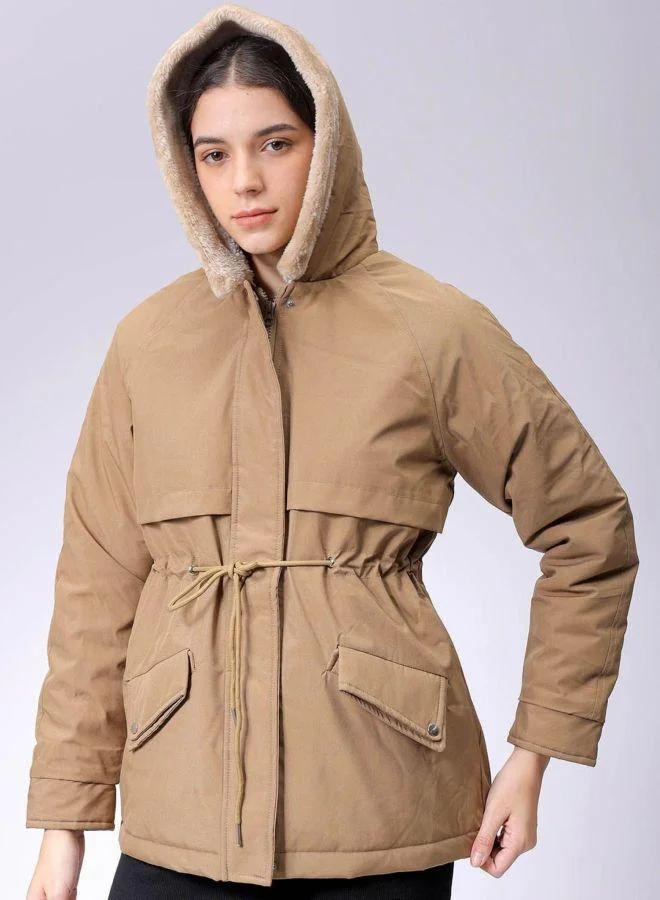 Women Regular Fit Solid Hooded Full Sleeves Parka Jacket